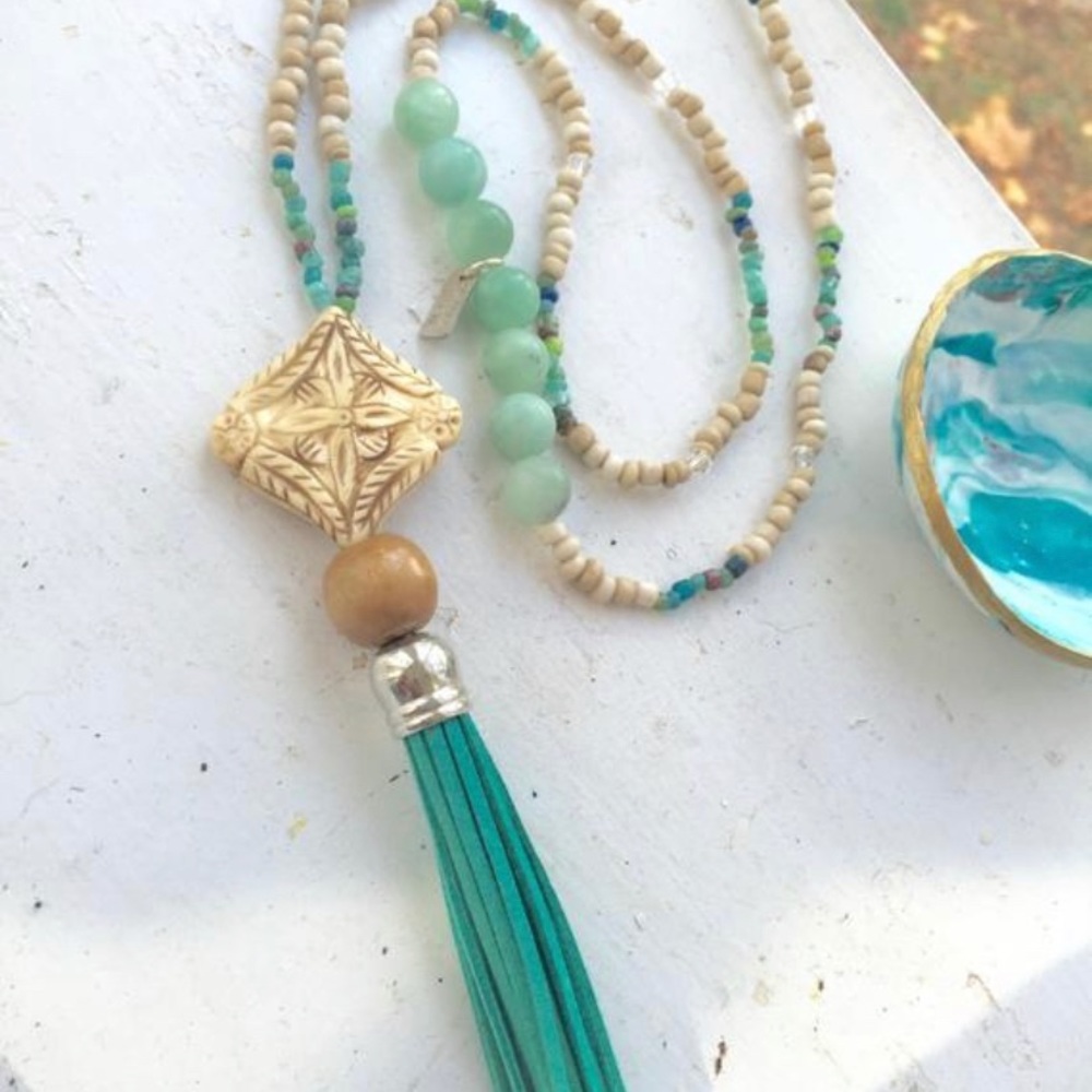 Long hand beaded leather tassel necklace
